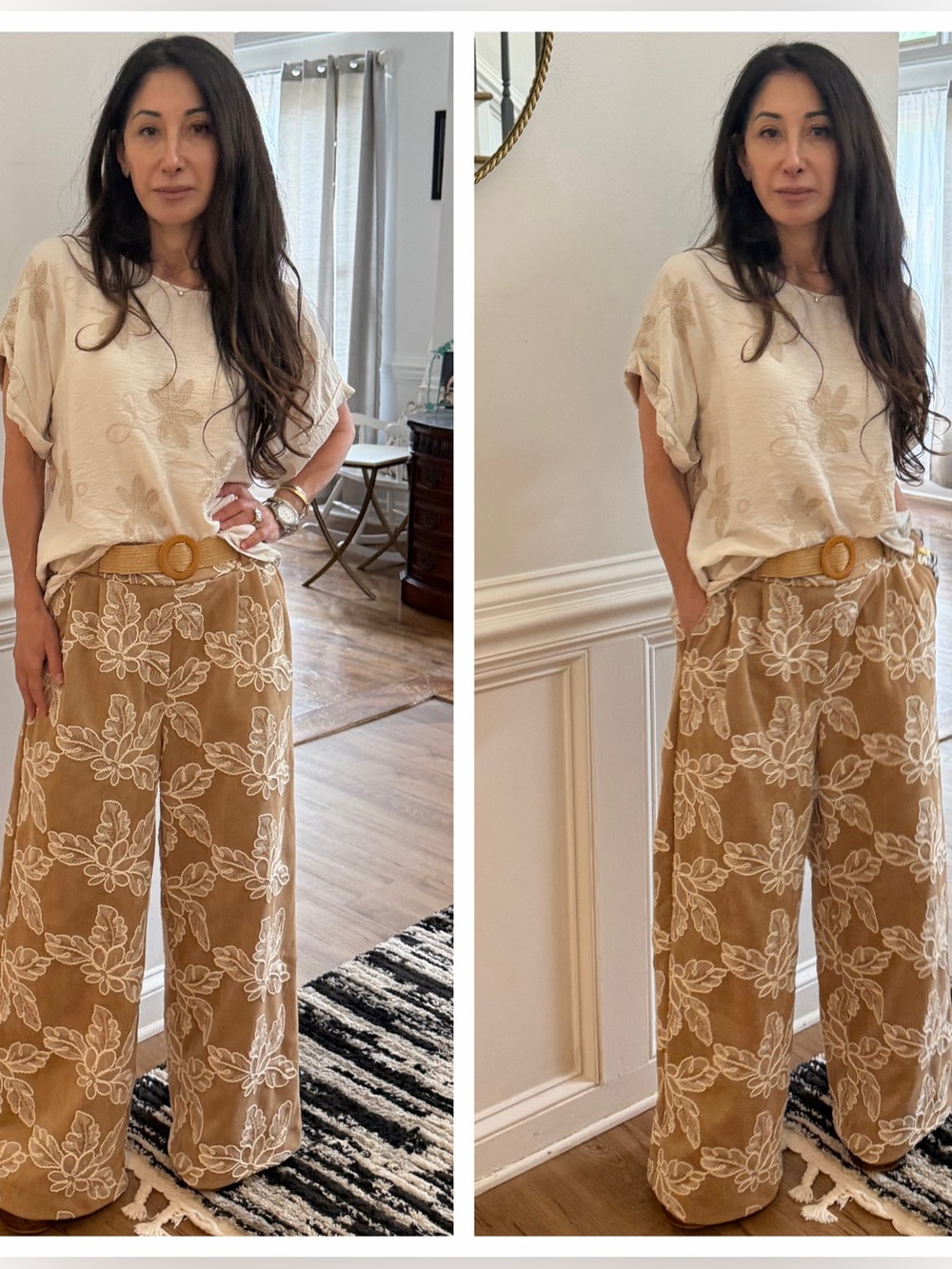 MADE IN ITALY Embroidered Wide-Leg Linen-Blend Pants in Tan